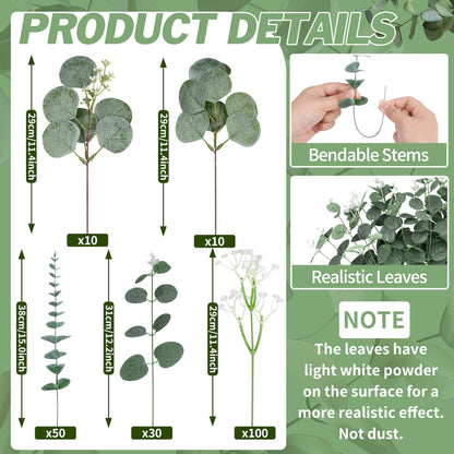 Palonu 200 Pcs 5 Kinds Mixed Artificial Eucalyptus Leaves Stems Bulk Babys Breath Eucalyptus Bundle Faux Plants Greenery for DIY Bouquets Floral Arrangement Wedding Engagement Party Decor
