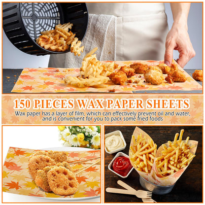 Tenare 150 Pieces Autumn Fall Wax Paper Sheets Food Wrap Grease Resistant Liners Thanksgiving Theme Waterproof Wrapping Tissue Food Picnic Paper for Kitchen(Orange Maple Leaf)