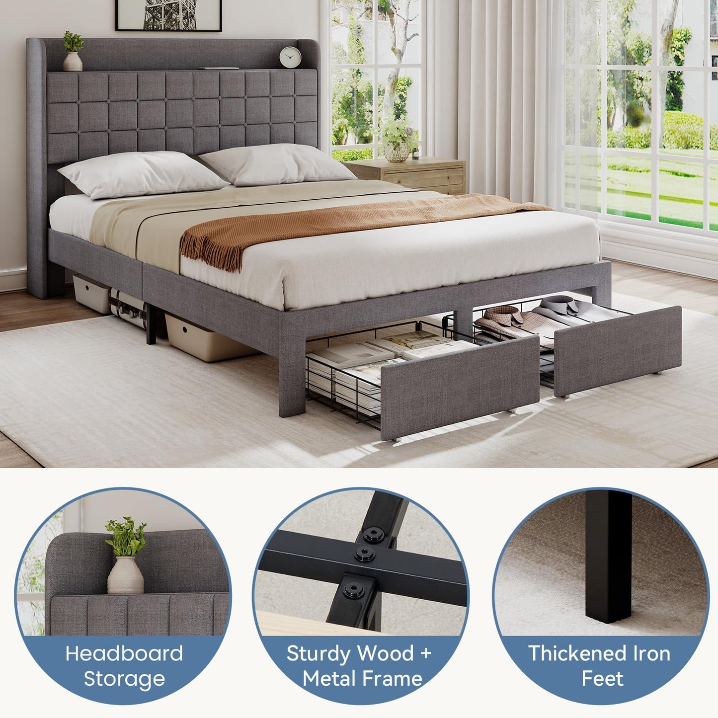 DUMOS Full Size Upholstered Platform Bed Frame, Full Bed with Storage Drawers and Fabric Headboard, Wooden Slats Support, 882 lbs Weight Capacity, No Box Spring Needed, Easy Assembly, Gray