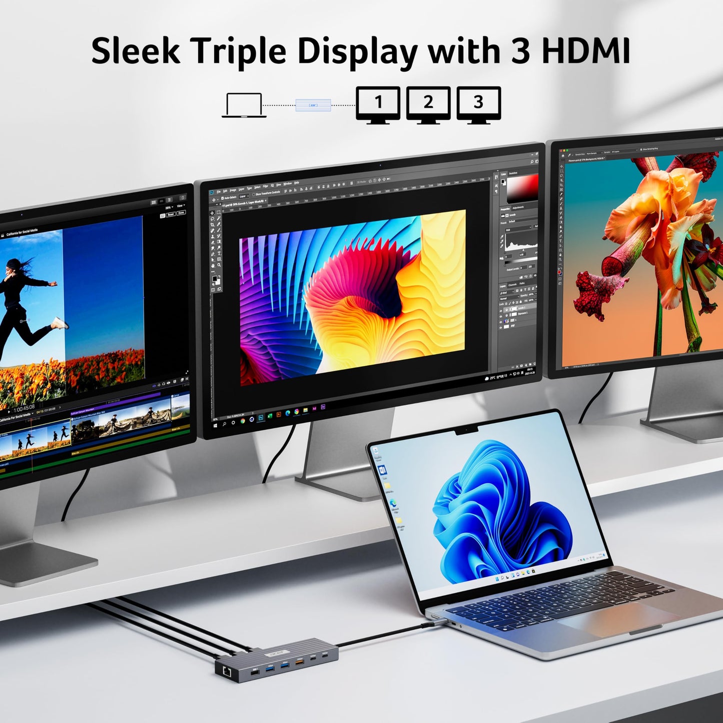 Acer Docking Station 3 Monitors with 3 HDMI, 13-in-1 USB C Hub for Laptop with 4K@60Hz HDMI, 1 Gbps Ethernet, 10Gbps Data, 100W PD, SD/TF, Laptop Dock for Acer, XPS, Spectre, Surface, Mac