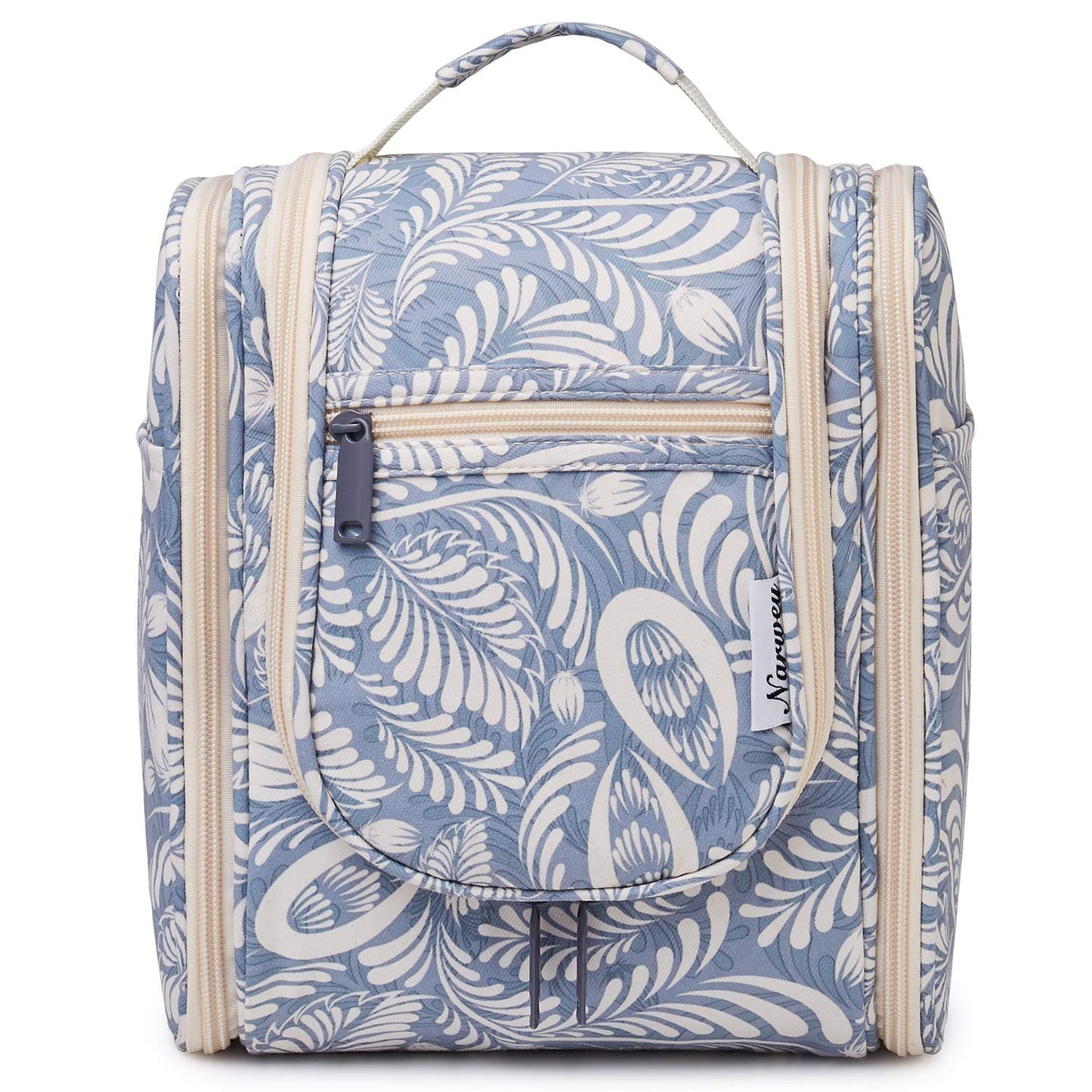 Narwey Small Hanging Toiletry Bag Women Travel Makeup Bag Organizer Toiletries Bag for Travel Size Essentials Accessories Cosmetics (Medium, Blue Leaf)