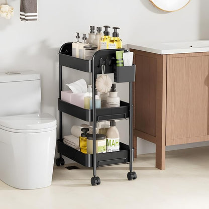 Heavy-Duty Rolling Cart 3 Tier Metal Utility Storage Cart with Casters, Hanging Cups, Hooks, Book Snack Craft Mesh Rolling Storage Organizer for Kitchen Office