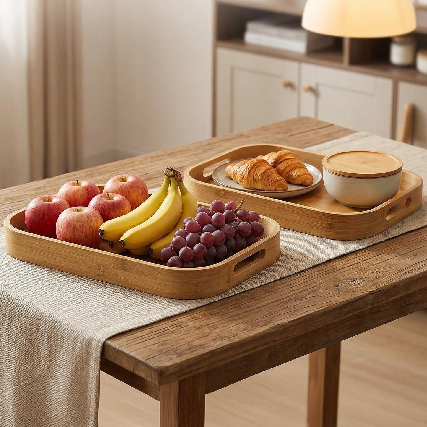 2-Pack Bamboo Serving Trays with Handles (16" & 13") – Large Solid Wood Breakfast Tray for Bed, Food Serving Platter for Coffee, Tea, Dinner, Party, Decorative Tray for Kitchen Counter & Living Room