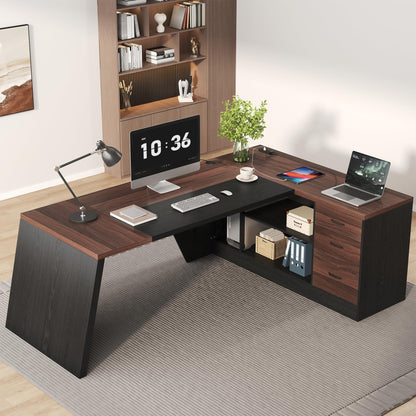 Epecoya L-Shaped Executive Desk with Drawer, 78-Inch Large Home Office Desk with Cord Hold and Power Outlet, Modern Computer Table with Lateral File Cabinet,Open Shelf and PC Stand, Walnut Brown Black