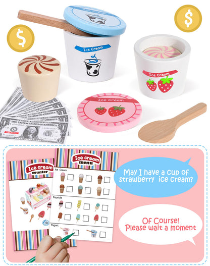 Wooden Ice Cream Toys Kids Kitchen Play Store for Toddlers Girls, Play Kitchen Accessories with Scoop & Menu & Fake Money, Wooden Toys for 3 4 5 Year Old Girls Boys Birthday