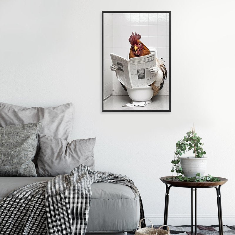 KOEUIRW Funny Chicken Bathroom Canvas Wall Art Cute Chicken In Toilet Posters Black and White Animal Prints Painting Maximalist Mid Century Modern Aesthetic Wall Decor for 16x24in Framed