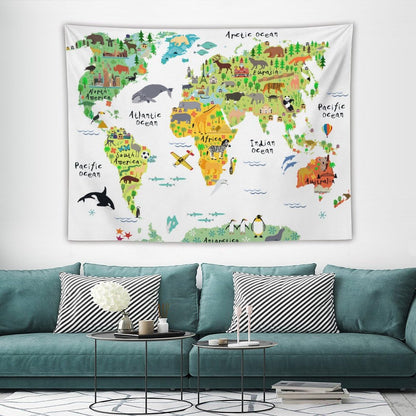 DDCBNS Kids World Map Tapestry, Cartoon Animal Map for Boys & Girls, Fun Educational Wall Hanging for Study, Classroom, Bedroom, Living Room - 80" x 60"