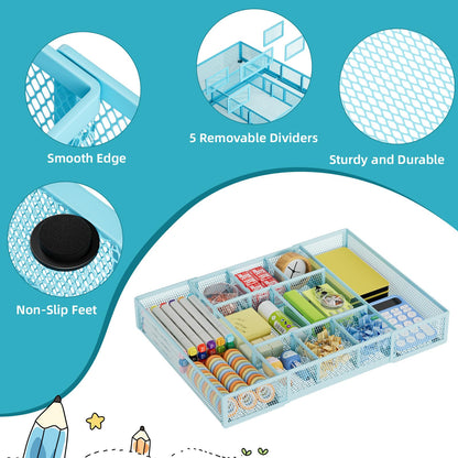 Marbrasse Expandable Desk Drawer Organizer, Mesh Drawer Organizer Tray with 10 Adjustable Compartments, Desk Organizers and Accessories for Office Supplies, Makeup & Vanity (Expandable-Blue)