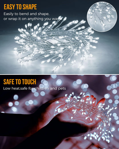 Fairy Lights Battery Operated, 10Feet 120LEDs Firecracker String Lights Waterproof Silver Wire Starry Firefly Light for DIY Wreath Home Wedding Indoor Outdoor Christmas Decorations, Pure White