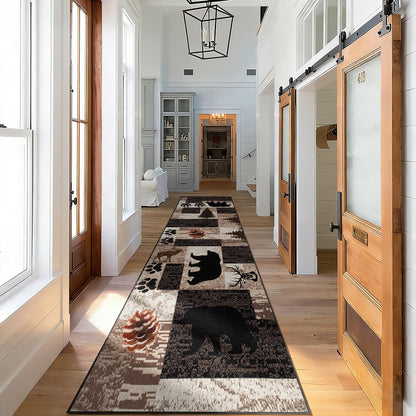 Puyosvr Rustic Lodge Runner Rug,2x7ft,Western Country Bear Elk Deer Wildlife Log Design,Forest Landscape Hunting Theme Rug,with Non Slip Backing Washable Rugs, Non Slip Pet Friendly Rug for Hallway