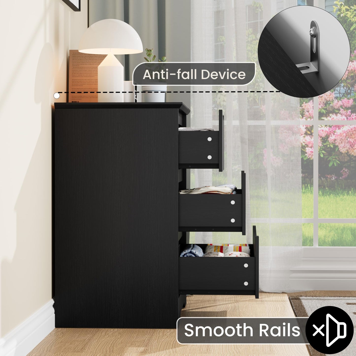 GarveeHome Wooden Dresser with 3 Drawers, Tall Modern Closet with Deep Storage, Large Chest of Drawers with Wide Top, Long Storage Dresser for Bedroom, Living Room, Hallway, Kids Room, Black