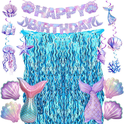 Mermaid Birthday Party Decorations, Under the Sea Party Supplies with Light Blue Wavy Tinsel Curtain, Happy Birthday Banner, Hanging Swirls,Shell Tail Foil Balloons for Girls Birthday