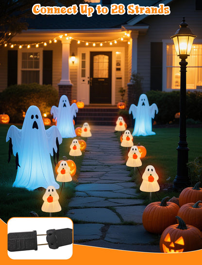 Halloween Ghost Pathway Lights, Ghost Pumpkin Pathway Decoration Lights Built-in 4 C7 LED Bulbs for Halloween Holiday Outdoor Yard Garden Walkway Decor, 7Ft 4PK