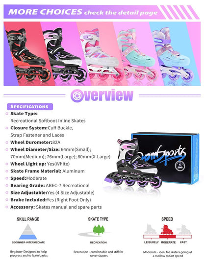 2PM SPORTS Vinal Inline Skates for Girls Boys Kids Ages 5-8 8-12 with Adjustable Illuminating Wheels, Inline Roller Skates for Youth Women Men - Purple Pink Small