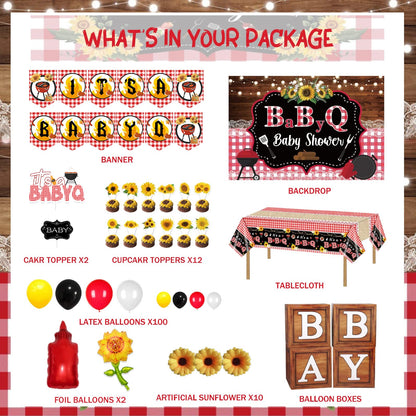 137 PCs BBQ Baby Shower Decorations, Hombae Its A Baby Q Baby Shower Decorations Backdrop Balloon Garland Banner Tablecloth Cake Cupcake Topper Boxes Cutout Barbecue Picnic Sauce Bottle Red Black