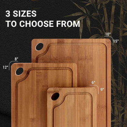 Lacusmall Bamboo Cutting Board for Kitchen, 3Pcs Thickened Wooden Cutting Board Set with Deep Juice Groove, Built-in Handles Durable Chopping Boards for Separating Meat, Vegetables, Fruits, Ideal Gift