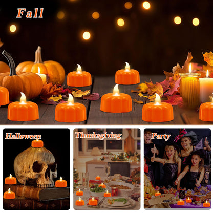 Pumpkin Tea Lights Fall Decorations for Home,12 Pack LED Orange Pumpkin Lights FlameLess Candles Battery Operated Thanksgiving Flickering Tealights Candles for Table Home Party Halloween Decor