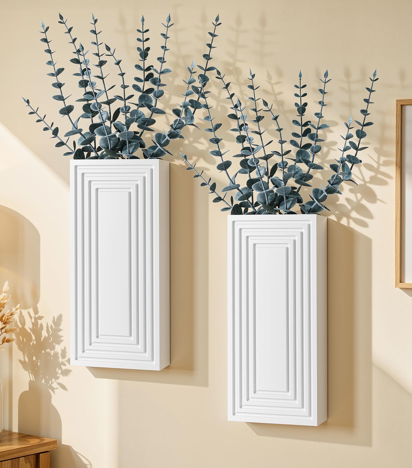 FancyPlus Wooden Wall Planter Vase, 2 Pack White Wood Hanging Vases with Fake Eucalyptus for Indoor Modern Boho Farmhouse Wall Art Decor for Home Indoor Kitchen Modern Farmhouse Bathroom