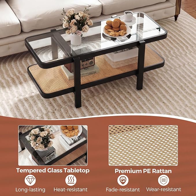Giantex Rattan Coffee Table, 47.5" Rectangle Solid Wood Tea Table w/Tempered Glass Tabletop, Rattan Storage Shelf, 2-Tier Boho Coffee Tables, Farmhouse Center Table for Living Room (Black)