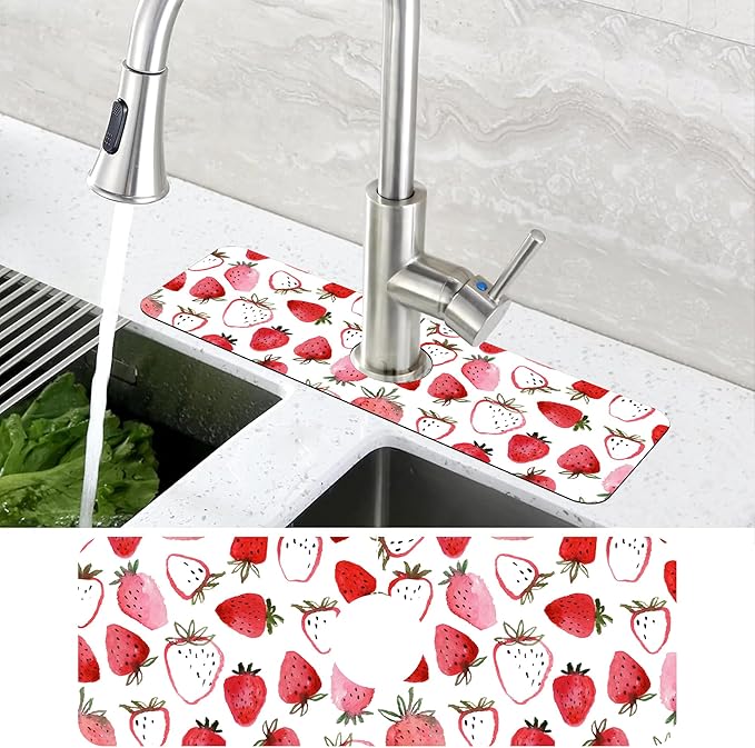 Watercolor Strawberry Kitchen Sink Splash Guard Mat Absorbent Fast Drying Mat