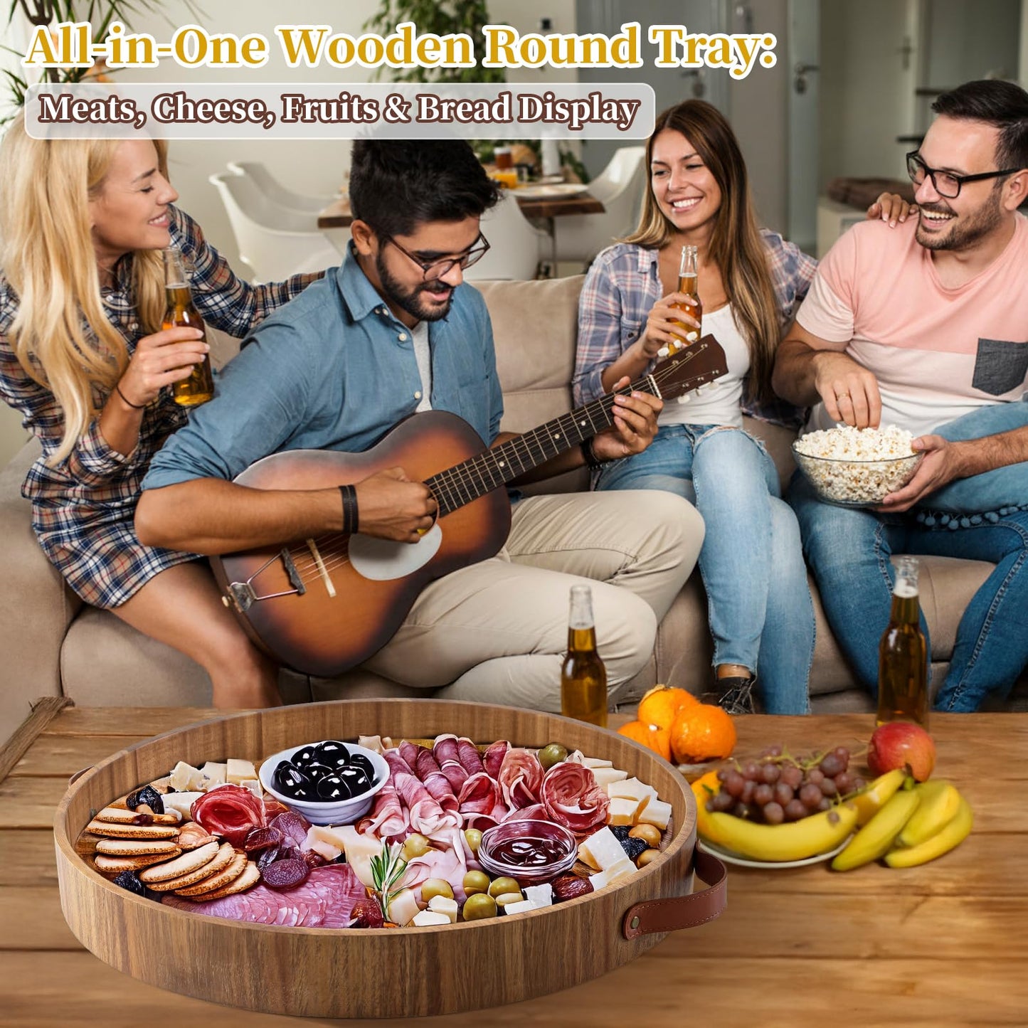 Ottoman Tray with Handles, 20 Inches Round Large Tray for Ottoman Wooden Serving Tray Decorative Trays for Living Room Wooden Trays for Party, Dinner, Breakfast, Appetizers, Entertaining Guests