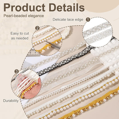 uxcell 5 Yards Faux Pearl Lace Ribbon, 6mm Pearl Fringe Applique Beaded Trim Bridal Embellishments for Sewing Wedding Party Dress Fabric DIY Craft Decoration, White