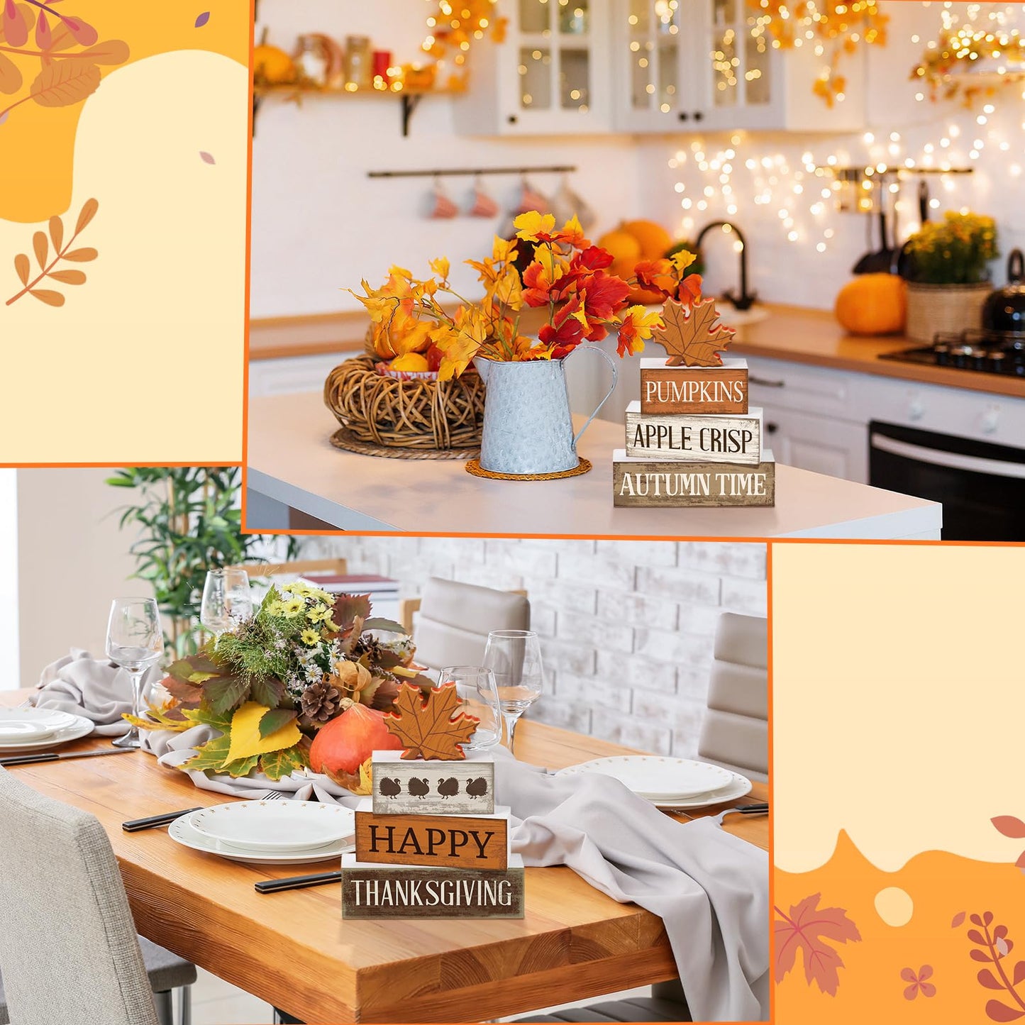Briwooody 4 Pcs Fall Table Decoration Wooden Reversible Maple Leave Fall Tiered Tray Decor Thanksgiving Centerpiece Rustic Maple Leaves Block Signs Farmhouse Autumn Decoration for Home Kitchen
