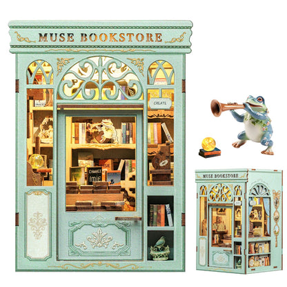 Fsolis Book Nook Kit - DIY Miniature House Kit Bookshelf 3D Wooden Puzzles for Adults Beginners Tiny House Mini Booknook Bookshop Gifts for Women Book Lovers (Muse Bookstore)