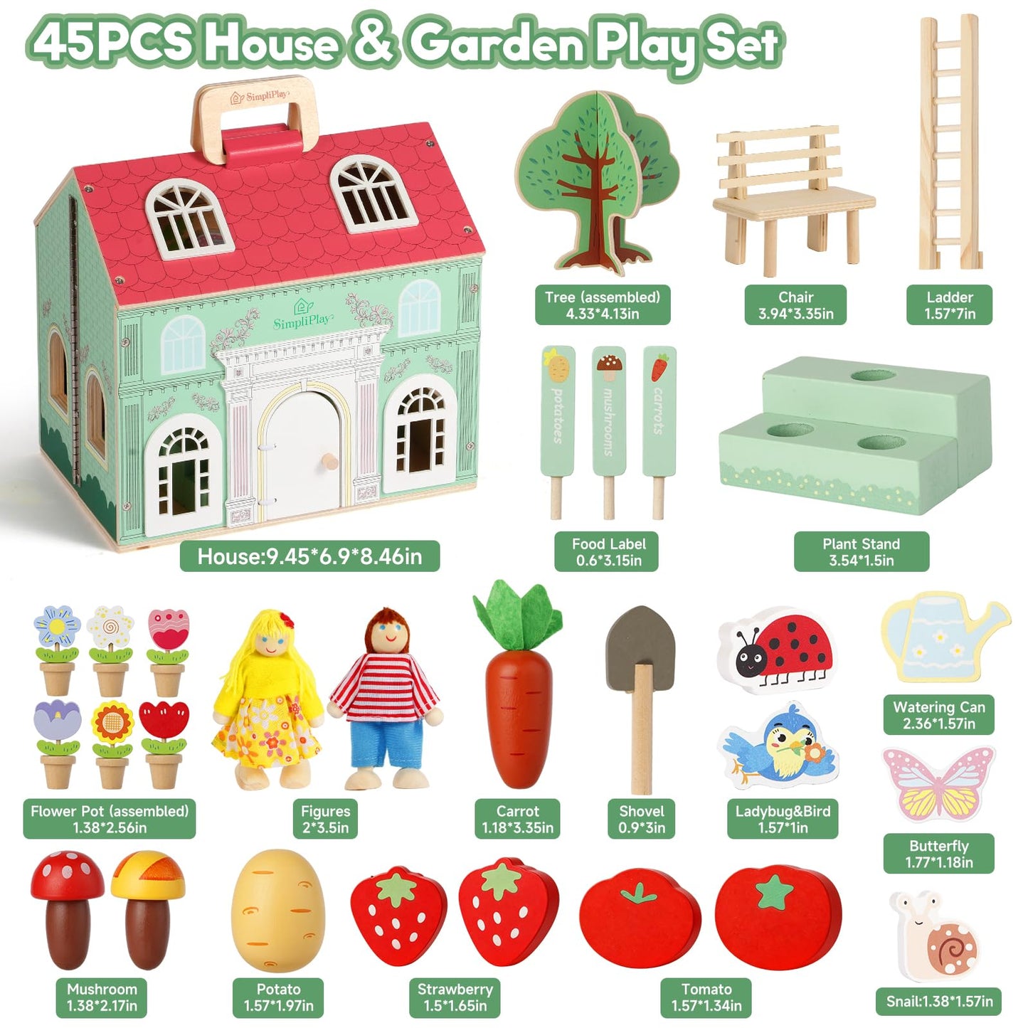 SIMPLIPLAY Montessori Wooden Garden Toys, 45pcs Wooden Dollhouse Kit