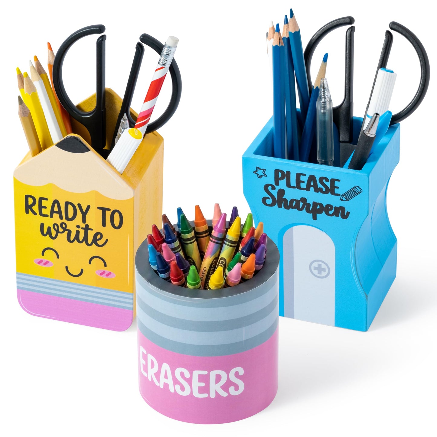 MALLMALL6 3Pcs Pencil Sharpen Eraser Shaped Pencil Holder, Back to School Wooden Caddy Case Gifts for Kid Student, No Assembly Sharp Dull Shaped Desktop Dispenser Storage Organizer for Classroom Decor