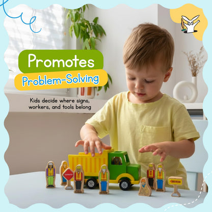 Jack Rabbit Creations- Construction Crew Magnetic Truck- 8 Piece Wooden Playset- Includes Dump Truck, Traffic Signs, Dog and Construction Workers-Motor Skills Toy- Toddlers 3+