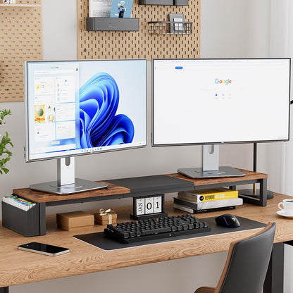 VERSASKY Dual Monitor Stand Riser, 41.5'' Extra Long Wood Monitor Stand Desktop Organizer with Side Pocket, Ergonomic Monitor Riser Supports 2 Monitors,TV,Laptop,Printer for Home Office, Rustic Brown