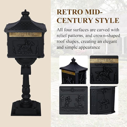 Mailbox, Heavy Duty Cast Aluminum Postal Box, Mail Box with 2 Keys for Courtyard Villa Decoration - Black