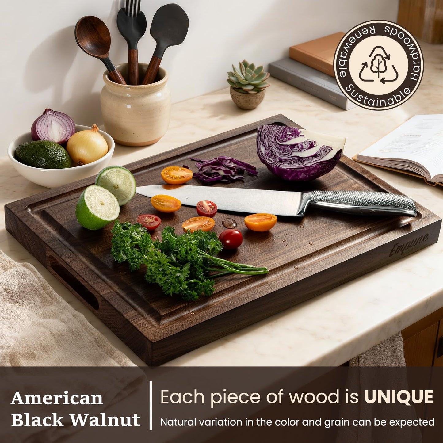 Empune Black Walnut Wood Cutting Boards for Kitchen Wooden Cutting Board with Handle, Chopping Board with Built-in Juice Groove & Well, Heavy-duty Charcuterie Board Butcher Block, 16.5x11.8x1.4 Inches