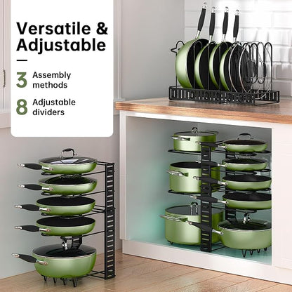 MUDEELA Pots and Pans Organizer Rack under Cabinet 8-Tiers Adjustable Pot Rack with 3 DIY Methods, Expandable 11.65'' to 19" Pot Lid Organizer for Kitchen Pantry Cabinet Organization and Storage