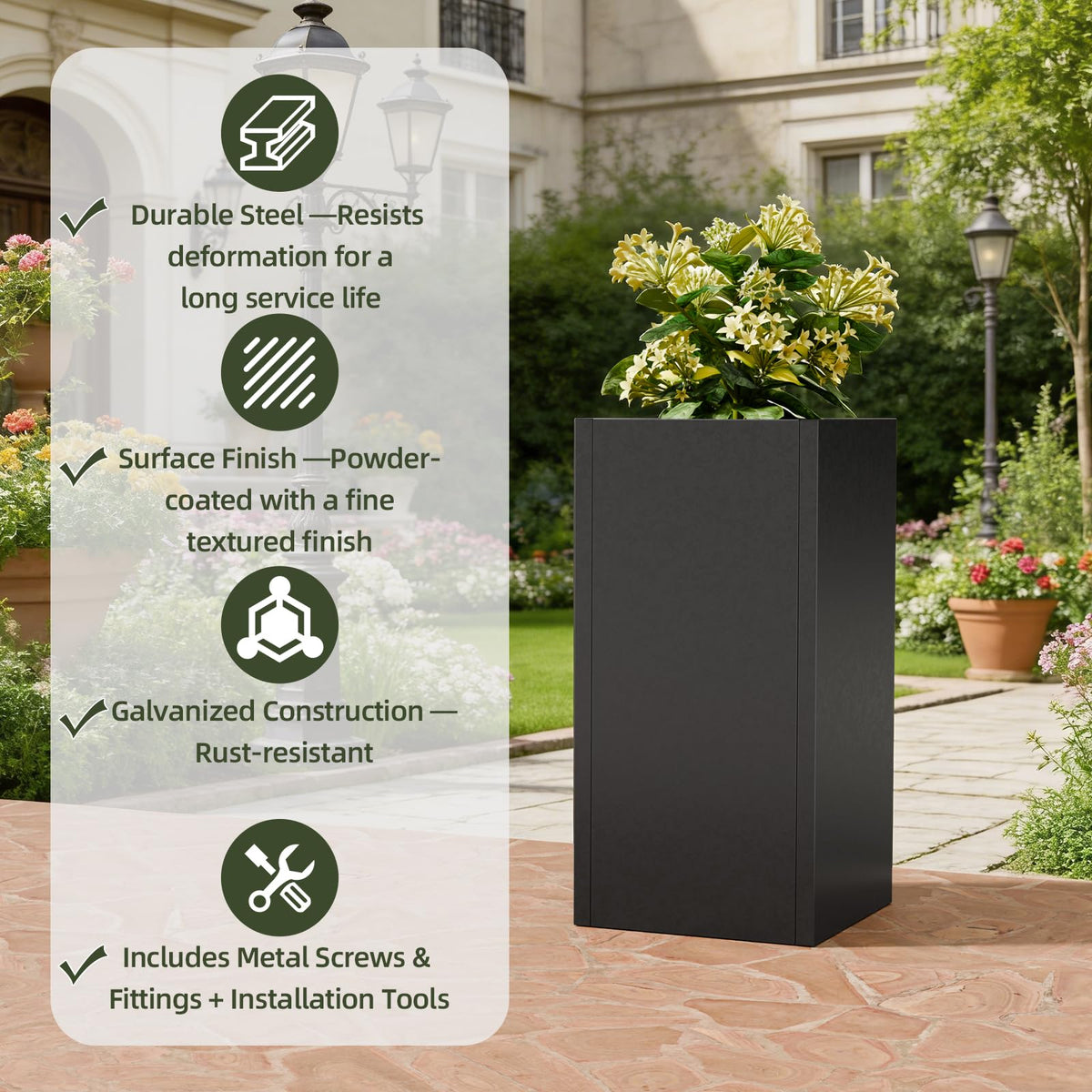 Diyfire Black Tall Metal Planters Box for Outdoor Plants 4 Pack- 23.6" H Steel Tall Square Planter with Removable Insert Shelf, Modern Heavy Duty Pedestal Planter Front Porch Decor Patio Garden