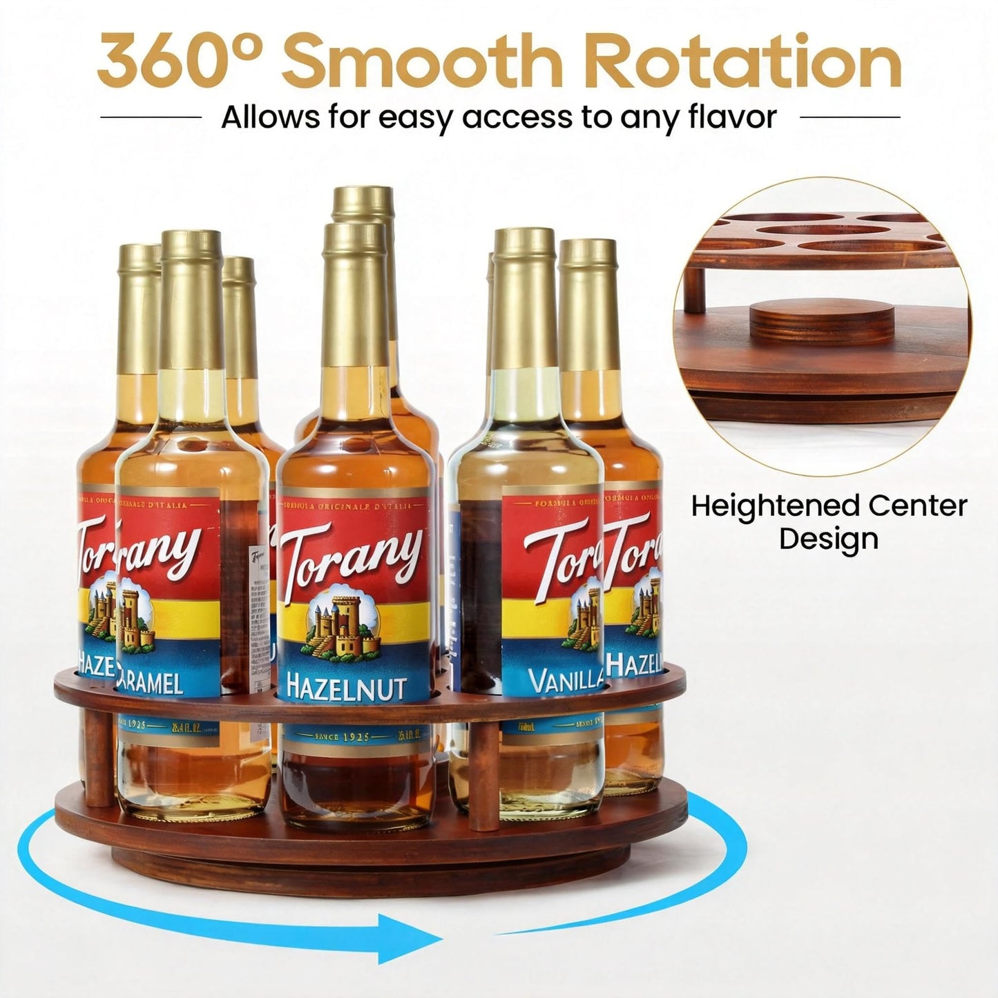 THYGIFTREE Rotating Coffee Syrup Organizer for Countertop, 9-Bottle Wooden Syrup Rack & Bottle Holder for Coffee Bar Station, Turntable Display Stand, Brown