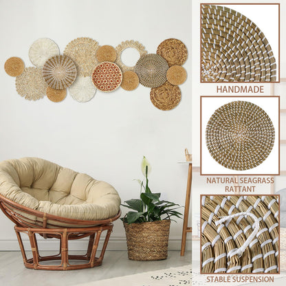 Xuhal 15 Pcs Boho Wall Basket Decor Handcrafted Seagrass Woven Wall Basket Rustic Round Woven Hanging Art for Home Farmhouse Kitchen Table Living Room(Fresh Style)