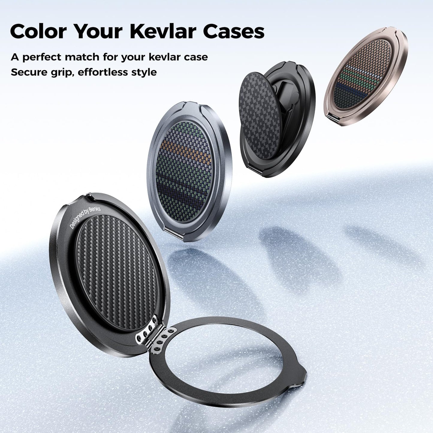 BENKS ArmorPop Magnetic Phone Grip & Stand for MagSafe, 360° Rotation Adjustable Phone Ring Holder for iPhone 17/16/15/14/13/12 Series, Durable Kevlar Design