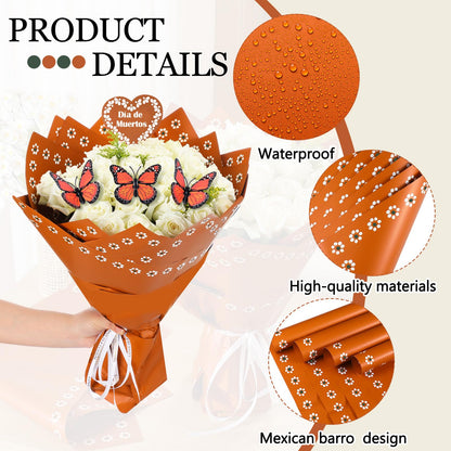 Fullhawl 20 Sheet Mexican Bouquet Floral Wrapping Paper with 10 Monarch Butterflies Waterproof Wrap for Mother's Day Wedding Birthday Baby Shower & Cinco de Mayo Party Gift Flower DIY Packaging