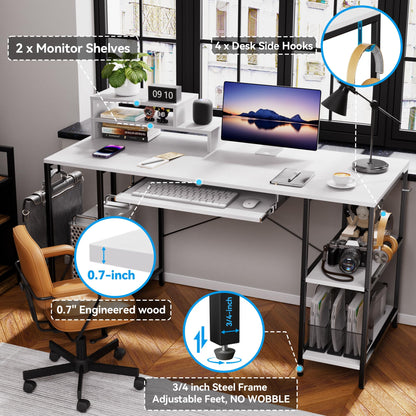 HYPIGO Computer Desk with Keyboard Tray, 55 Inch Music Studio Desk Music Production Desk with Storage Shelves Monitor Stands and 4 Iron Hooks, Workstation Gaming Table for Home Office