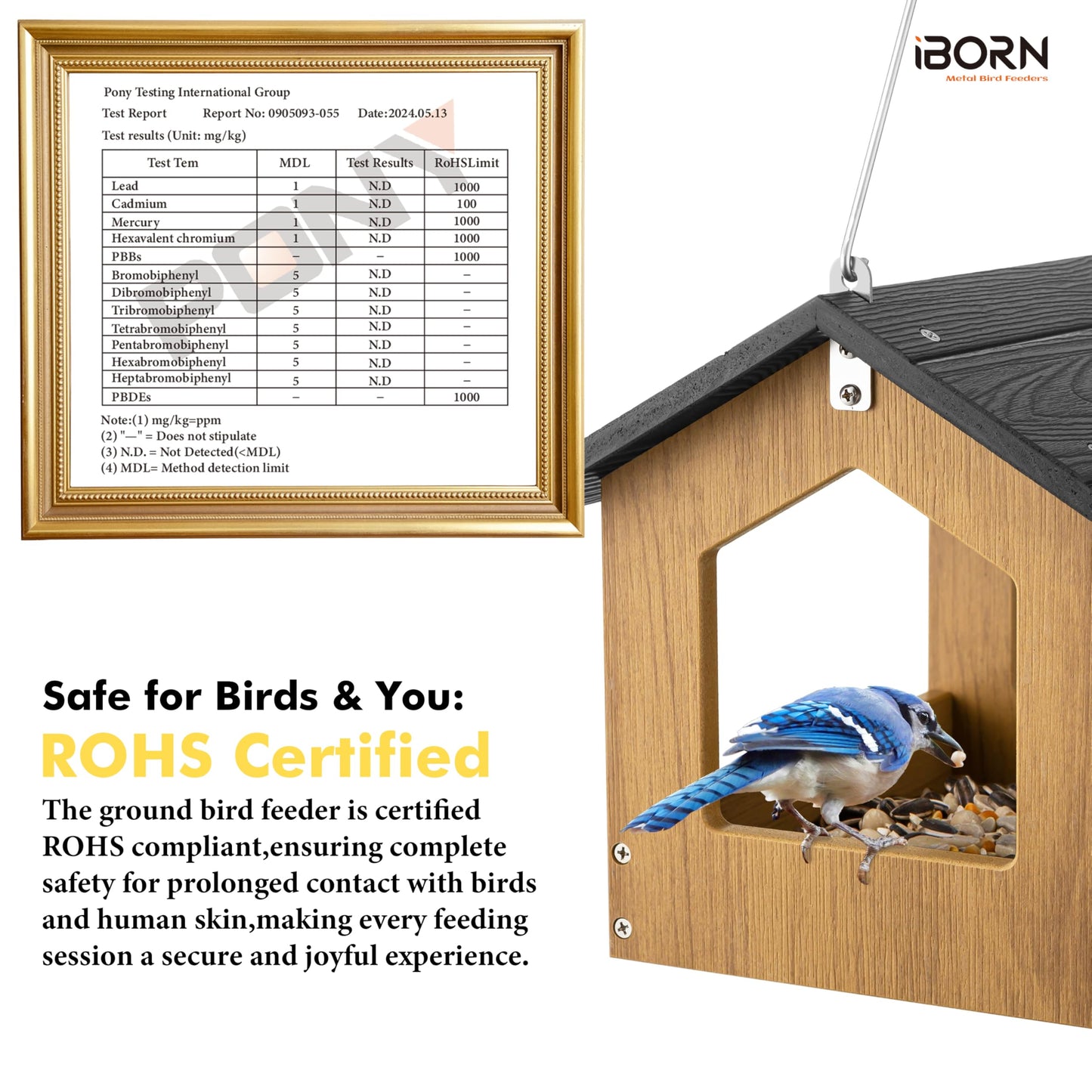 iBorn Pavilion Bird Feeder, Covered Platform Bird Feeder for Outdoors Hanging, WPC Recycled Plastic & Waterproof, Black