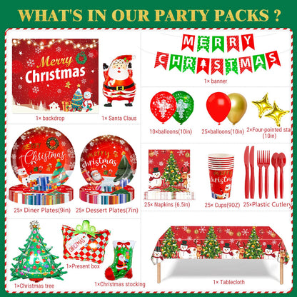 Christmas Party Decorations Xmas Party Supplies Serves for 25-Balloon, Banner, tablecloth, Backdrop, Disposable Paper Plate, Cup, Napkins, Knife, Fork, Spoon