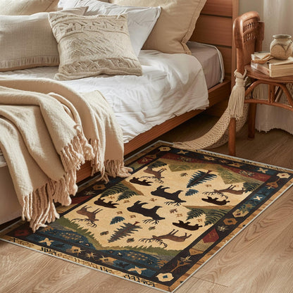 Farmhouse Cabin Area Rug Rustic Deer Bear Washable 2x3 Rugs for Living Room Bedroom Western Country Non-Slip Soft Floor Large Carpet for Office Entryway Bathroom