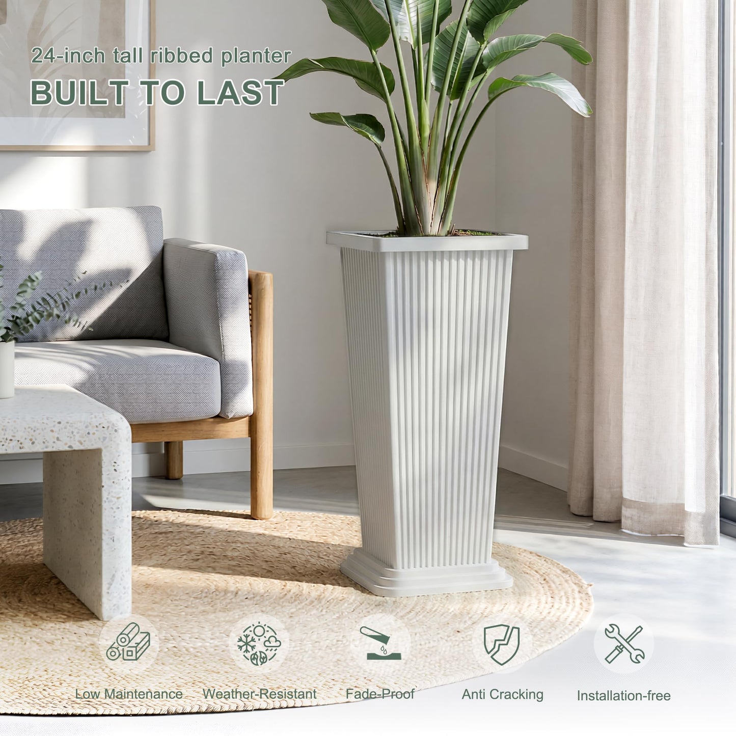PolarcoForgeco Tall Outdoor Planters Set of 2, 24" Tapered Outdoor Tall White Planter for Front Porch, Large Indoor Modern Planter Flower Pots with Tray, Drainage Holes (Ribbed)