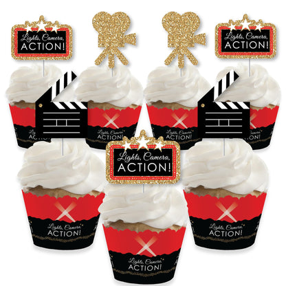 Big Dot of Happiness Red Carpet - Cupcake Decoration - Movie Night Party Cupcake Wrappers and Treat Picks Kit - Set of 24