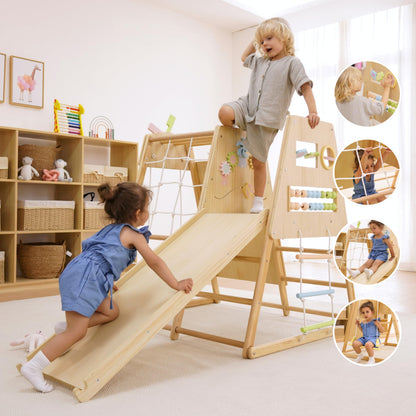 Avenlur Cherry 5-in-1 Wooden Indoor Climber – Montessori Toddler Play Gym with Slide, Rock Wall, Rope Ladder, Sensory Panel & Swing – Indoor Playground for Kids Ages 18 Months to 5 Years