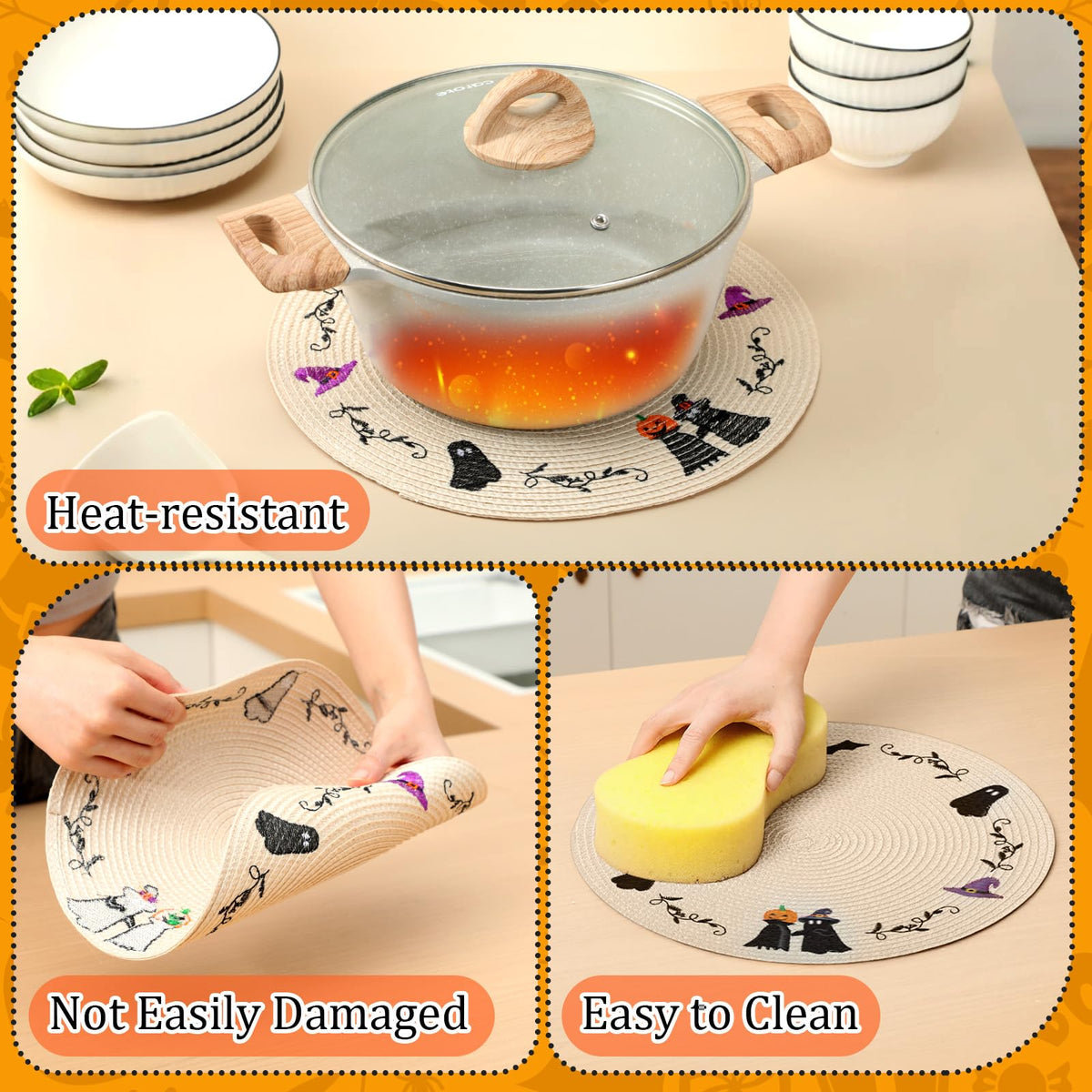 Remerry 6pcs Halloween Round Placemats Embroidered Pablemats Seasonal Autumn Holiday Table Mats Heat-Resistant for Halloween Party Home Kitchen Dining Restaurant Decoration Gift
