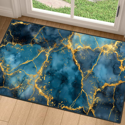ANNA QUEEN 2x3FT Blue Gold Marble Area Rug, Indoor Door Mat Entry Rug, Luxury Abstract Washable Non Slip Rug for Front Door Foyer Hallway Kitchen Apartment