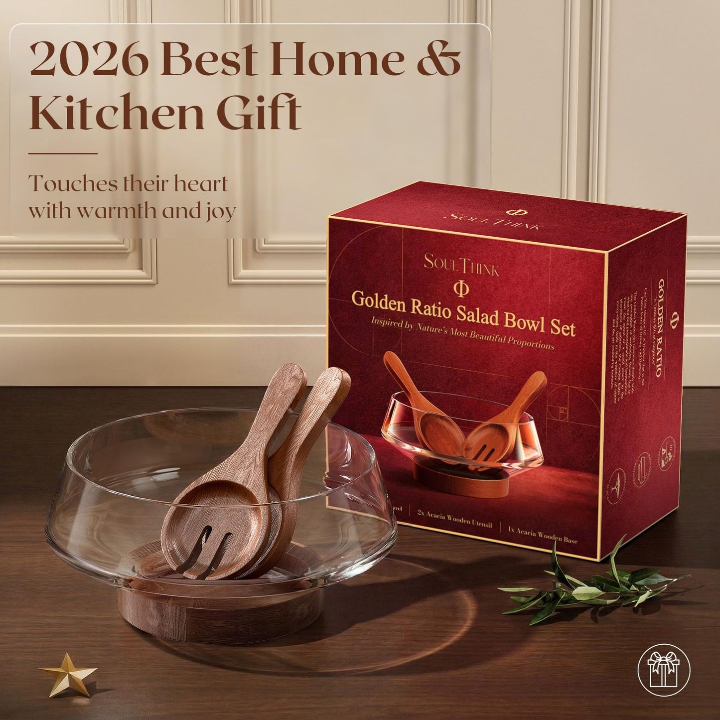 SoulThink® Golden Ratio Extra Large Crystal Glass Salad Bowl Set - Hosting Essentials Salad Serving Bowl with Acacia Wooden Salad Servers and Base, Dinner Party Must Haves for All Occasions